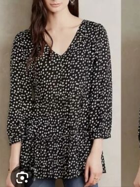 Maeve Black and White Polka Dot V-Neck Long Sleeve Tunic